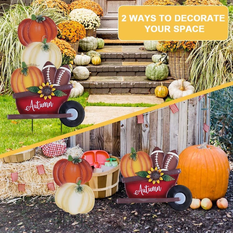 YEAHOME Fall Decorations Outdoor, Stacked Pumpkin Football Wheelbarrow Decorative Garden Stakes, Autumn Metal Cart Yard Signs for Home Outside Garden Lawn Porch Decor, Thanksgiving Decorations - Image 4